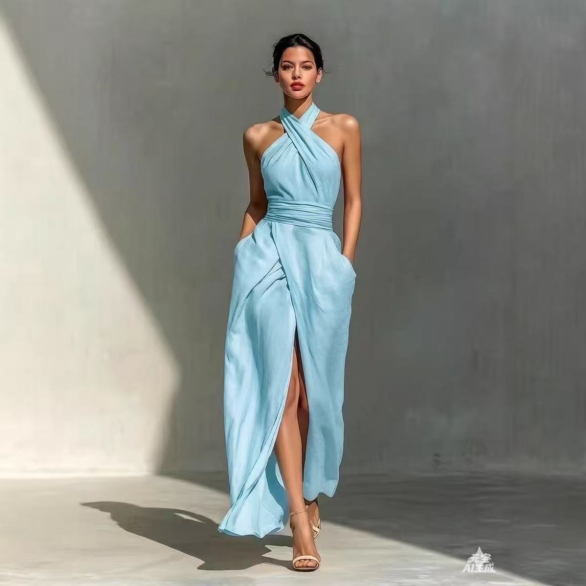 Maxi Dress Halter - Chic Solid Front Split Boho Long