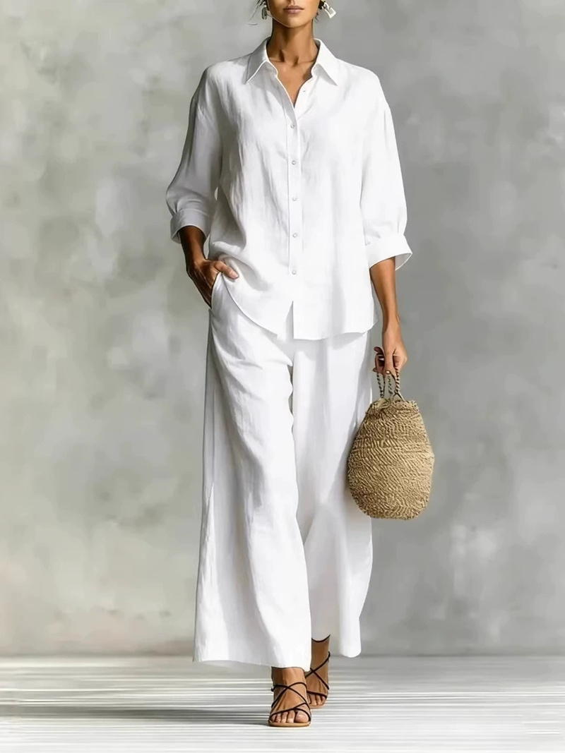 Women's New 7-Sleeve Shirt & W - Linen Pant Wide 评论和价格