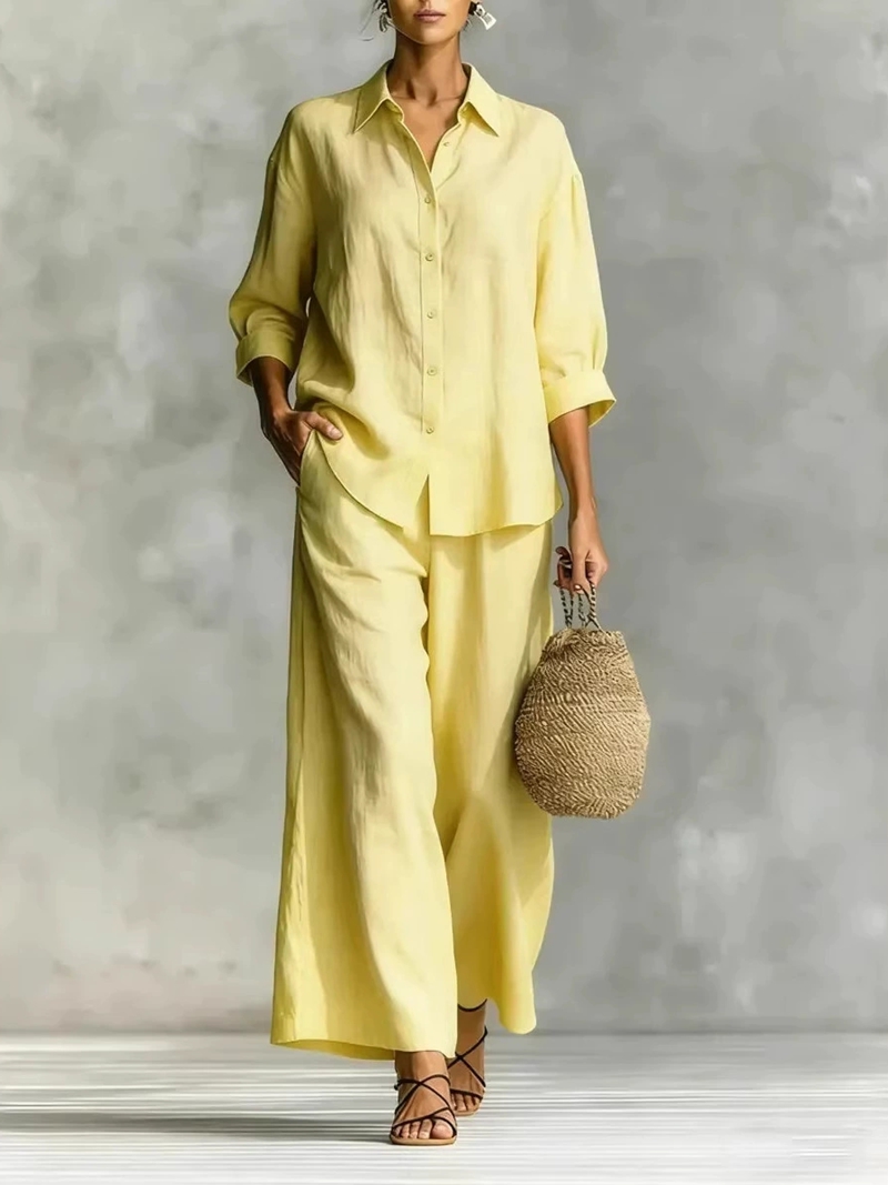 Women's New 7-Sleeve Shirt & W - Linen Pant Wide 评论和价格