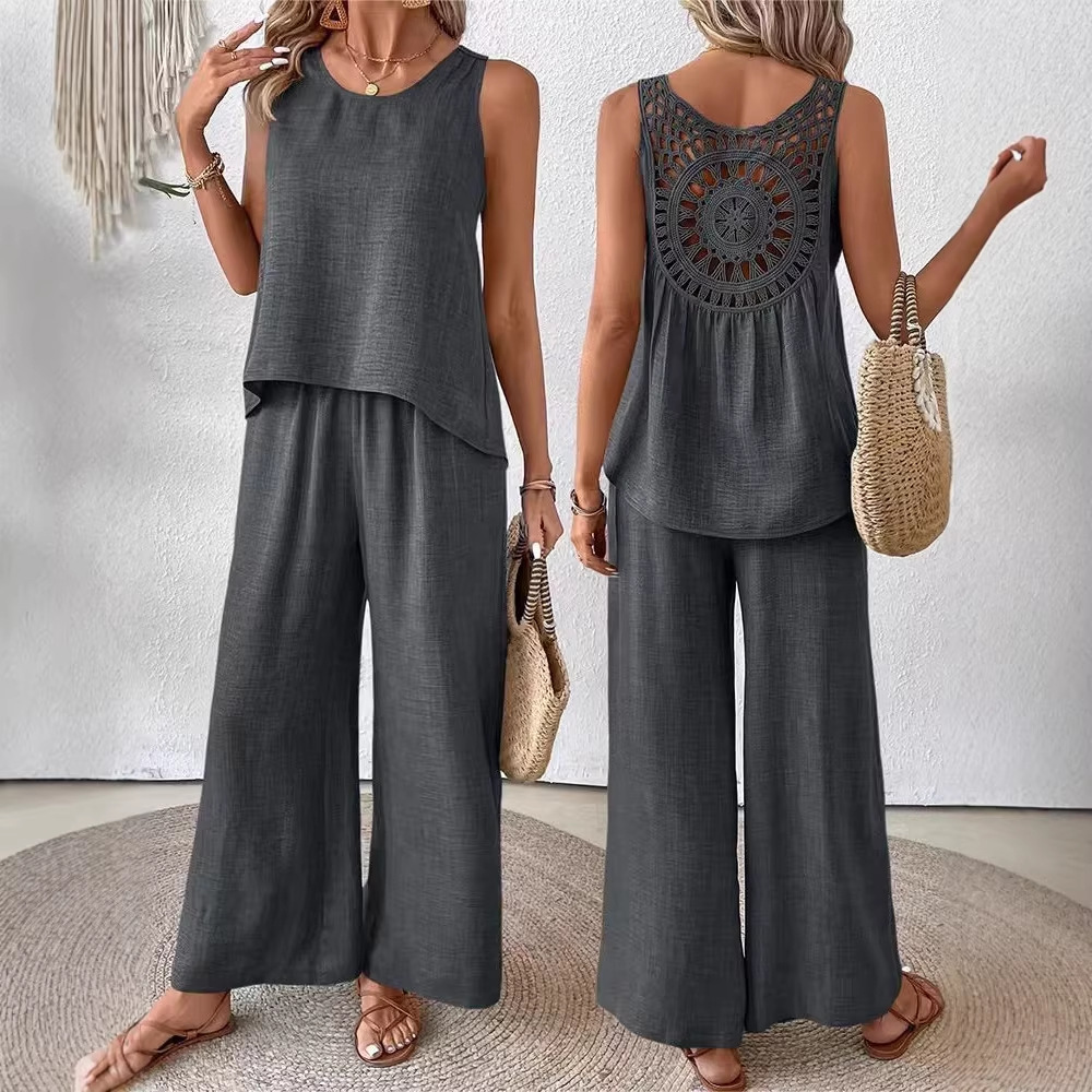 Two Pieces Women Solid Pant Se - Linen Pant Wide 评论和价格