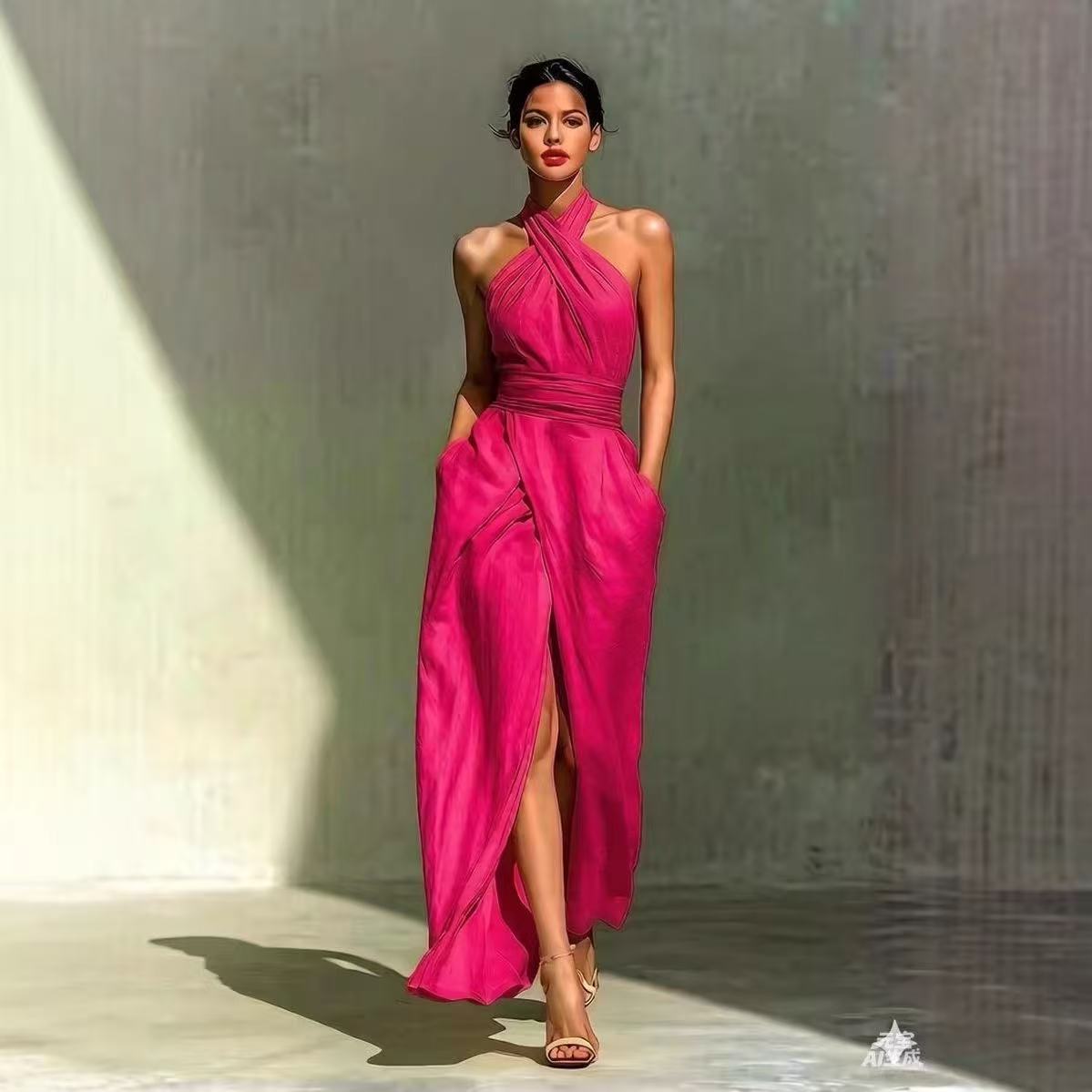 Chic Solid Front Split Boho Lo - Maxi Dress Halter 评论和价格